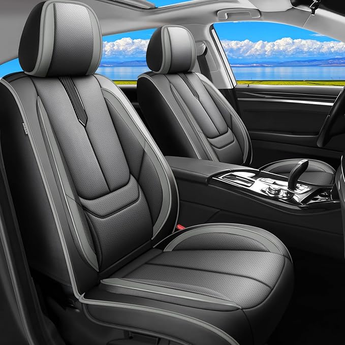 Fit Palisade Car Seat Covers for Hyundai Palisade 2000-2025 2026 -Upgraded Premium Waterproof & Breathable Leather,Airbag Compatible,All-Weather Seat Cushion Protector,2 Front/Black-Grey