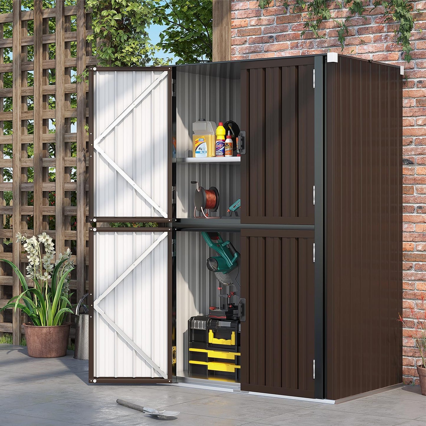 AECOJOY Outdoor Storage Cabinet Waterproof with Shelves, Large Brown Lockable Outdoor Cabinet, Tall Vertical Storage Cabinet Shed Weatherproof Outdoor Cabinets Garden Sheds & Outdoor Storage Clearance