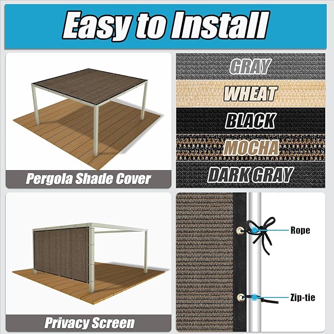 Amagenix 90% Shade Fabric 13'X 13' Mocha Sun Shade Cloth with Grommets for Pergola Replacement Shade Cover Canopy, Heavy Duty, Cable Zip Ties Included (We Customized)