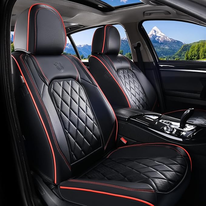 Coverado Seat Covers, Car Seat Cover Front Seats, 2-Pack Luxury Faux Leather Car Seat Covers, Waterproof Car Seat Protector, Black Seat Cover Front Seat Cover Universal Fit for Most Cars, Black&Red