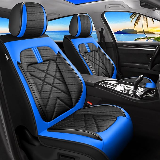 Car Seat Covers Compatible with Mazda 6 2007-2021, Full Coverage Premium Leather Waterproof Breathable Seat Covers, Automotive Seat Protectors, Airbag Compatible(2 Front Seats, Black-Blue)