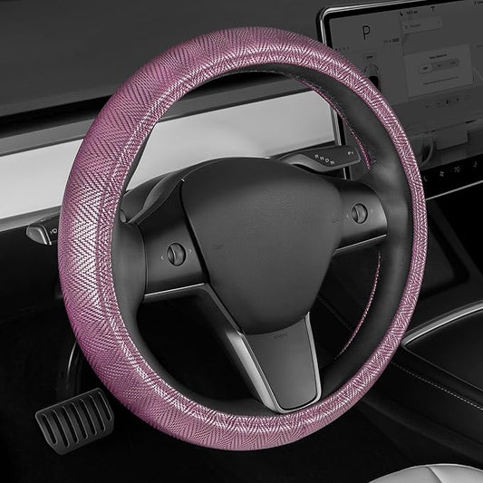 Purple Steering Wheel Cover, Standard 15 Inch Size Fits Most Vehicles, Cute Shiny Bling Car Steering Wheel Cover with Herringbone Detail, Car Accessories for Women