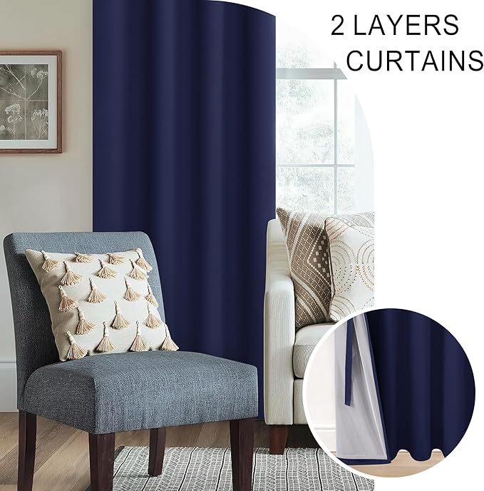 XWZO Full Shading Blackout Curtains 84 Inches Length with Tiebacks- Heat and Light Blocking Ring Top Window Drapes with Black Liner Backing for Bedroom/Kid's Room, Navy Blue, W42 x L84, Set of 2