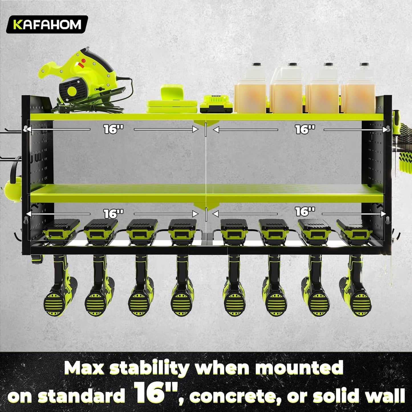 KAFAHOM Power Tool Organizer, Large 8 Drill Holder Wall Mount with 2 Side Pegboards, Heavy Duty Metal Tool Shelf with 12 Hooks, Storage Rack for Garage Organization, Utility Battery Shelves - Green