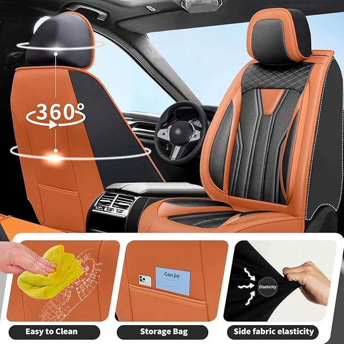 Fit Kona Car Seat Covers for Select Hyundai Kona 2018-2025 2026. Premium Leather, Waterproof， Breathable, Scratch-Resistant & All-Weather Seat Cushion Protector (Front Pair, Orange&Black)