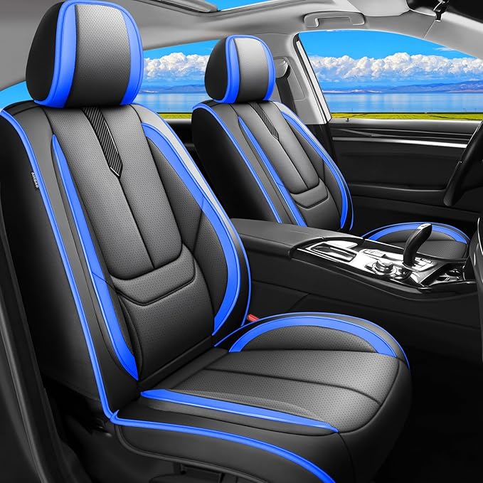 Fit Kona Car Seat Covers for Hyundai Kona 2018-2024 2025 2026 -Upgraded Premium Waterproof & Breathable Leather,Airbag Compatible,All-Weather Seat Cushion Protector,Full Set,Black-Blue