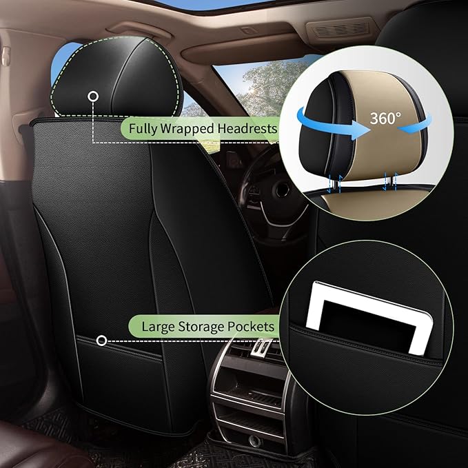 Car Seat Covers Full Set for Subaru Legacy 1995-2024 2025 2026, Breathable Cooling Ice Silk Leather Car Seat Covers, 5 Seats Vehicle Seat Protector Seat Cushion Auto Accessories (Black&Beige)
