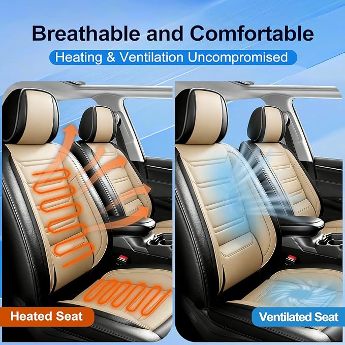 Fit Colorado Car Seat Covers for Select Chevy/Chevrolet Colorado 2015-2026, Premium Full Coverage Leather, Waterproof All Weather Breathable Seat Cushion Protector, Full Set, Black+Beige