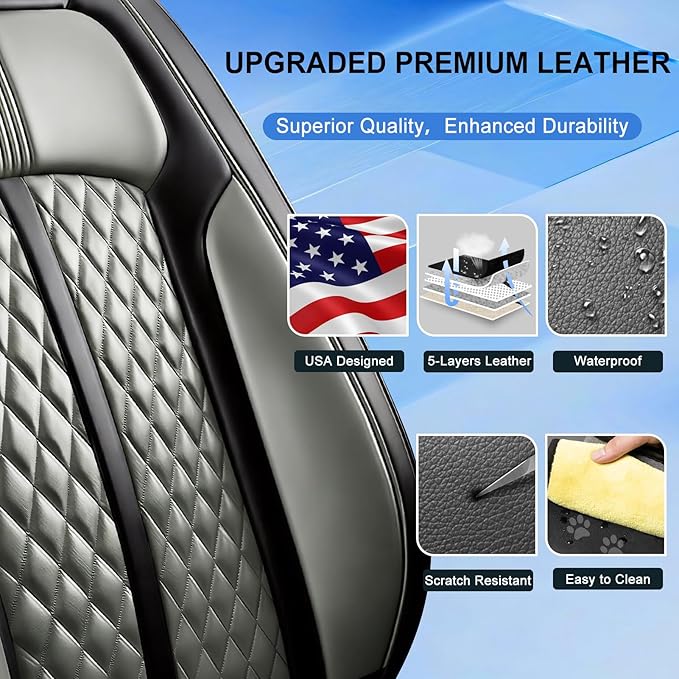Fit Bolt Car Seat Covers for Select Chevrolet Bolt/Bolt EUV 2017-2025, Premium Full Coverage Leather, Airbag Compatible, Waterproof All Weather Seat Cushion Protector, Front Pair Black+Gray