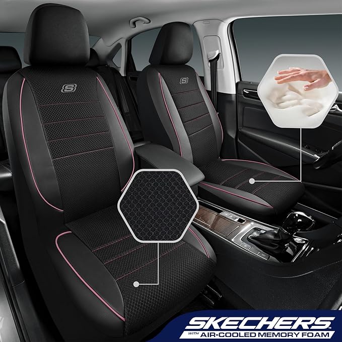 Skechers Air-Cooled Memory Foam Seat Covers,Mesh Thick Car Seat Covers,Piping Leather Car Seat Covers Front Seats,Airbag Compatible,Automotive Comfort Universal FitMost Cars,Vans,Truck,SUV,Pink