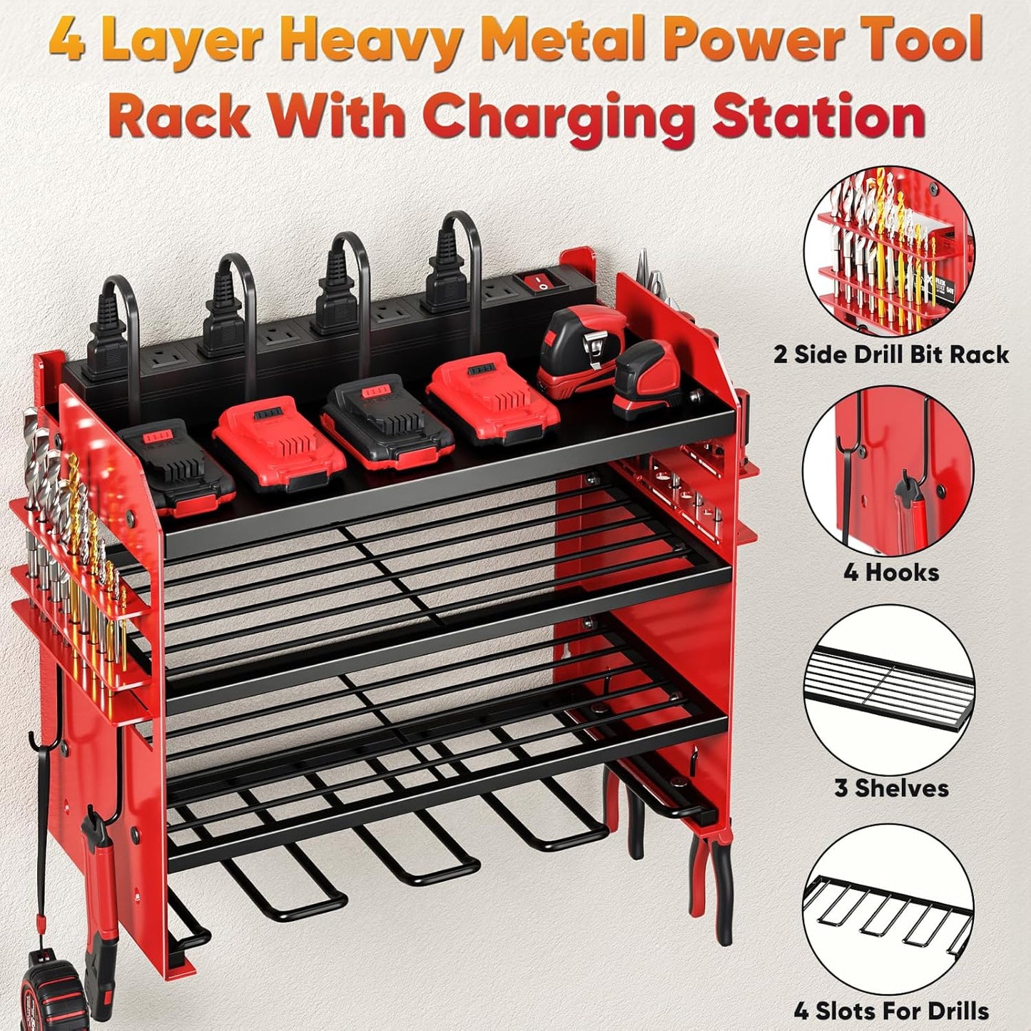 Power Tool Organizer Wall Mount with Charging Station,Tool Storage Rack with 8 Outlet Power Strip,Heavy Duty Metal Battery Utility Rack with 4 Cordless Drill Holder 6.56 Ft Cord for Garage