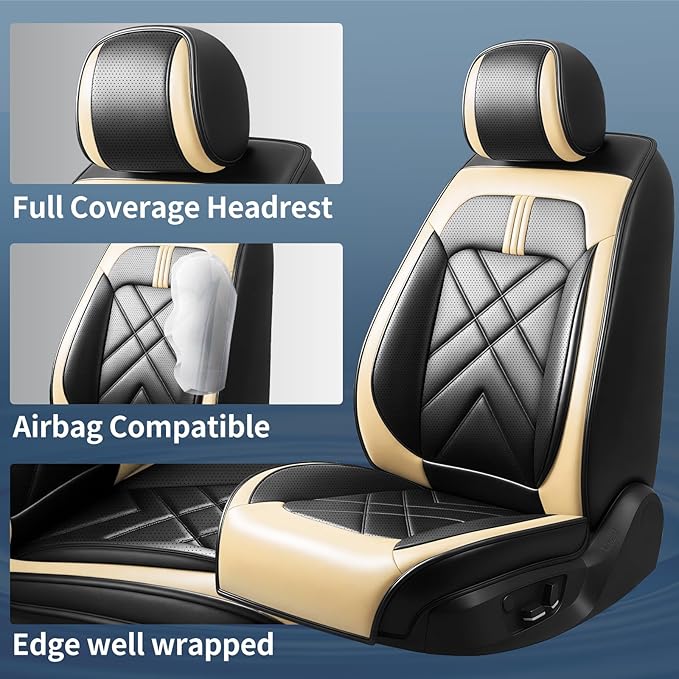 CX-7 Car Seat Covers Fit for Mazda CX-7 2007-2012, Full Coverage Premium Leather Waterproof Breathable Seat Covers, Automotive Seat Protectors, Airbag Compatible(2 Front Seats, Black Beige)