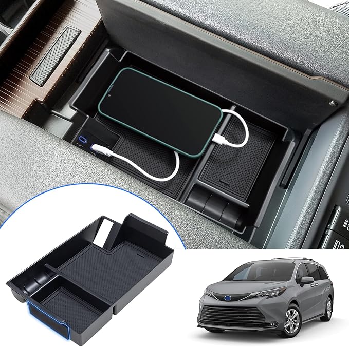 TOPINSTALL Console Organizer Compatible with 2021-2026 Toyota Sienna, Armrest Box Secondary Storage Center Console Tray Coin Container ABS Plastic