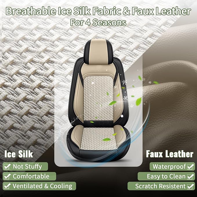 Car Seat Covers Front Seats for Nissan Maxima 2011-2025 2026 - Breathable Cooling Ice Silk Leather Seat Cover - 2 Seats for Nissan Maxima Accessories (Black&Beige)