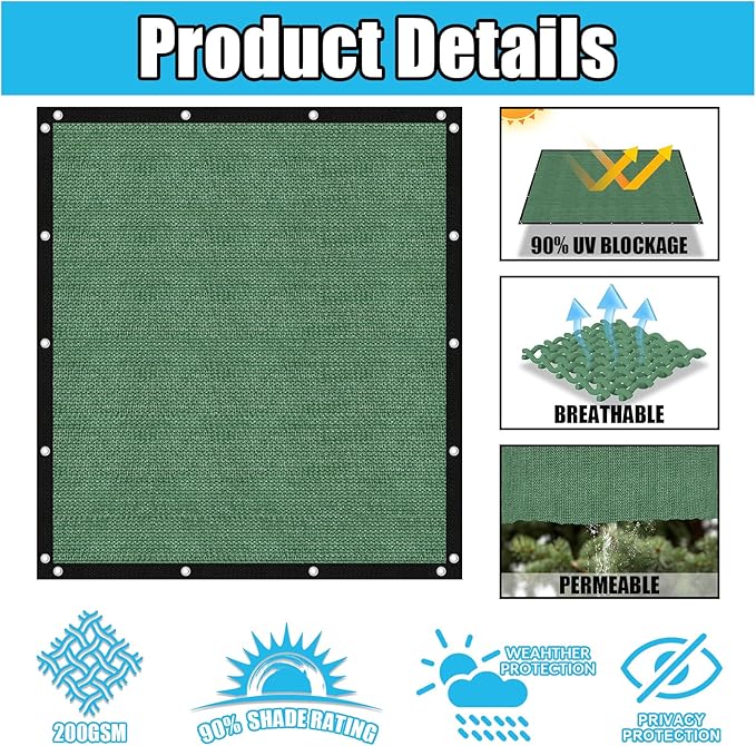Amagenix 90% Pergola Shade Cover 7' X 10' Sun Shade Cloth with Grommets for Outdoor Garden Patio Porch, Commercial Grade 200 GSM - Cable Zip Ties Included (We Customized) GN108, Green