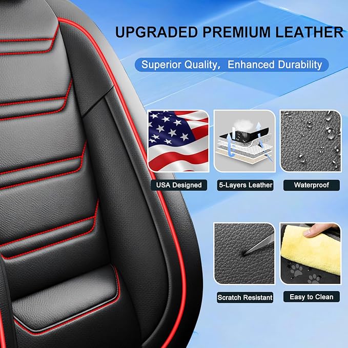 Fit CX-5 Car Seat Covers (Front Pair) for Select Mazda CX5 2013-2024 2025 2026 - Premium Full Coverage Leather, Airbag Compatible, Waterproof & All Weather Seat Protector, Black with Red Trim