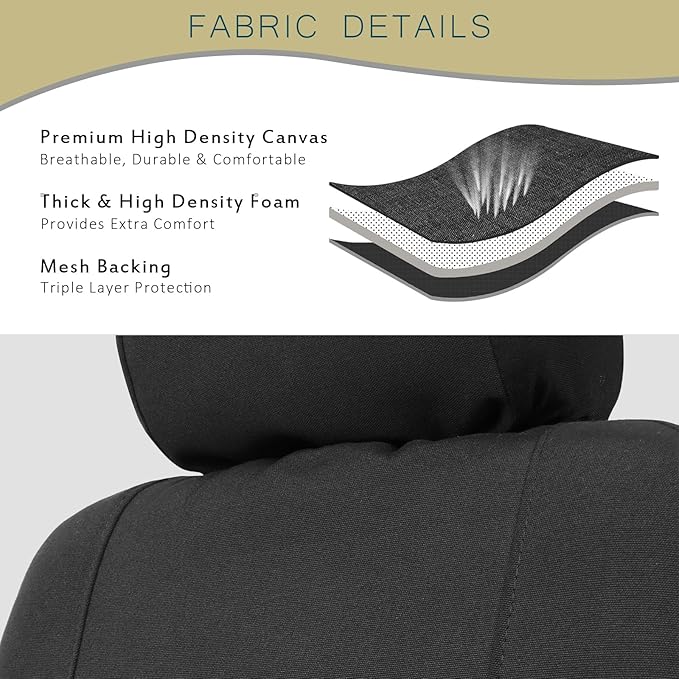 Champlus Car Seat Covers, Canvas Seat Protectors for Two Front Seats, Universal Fits Sedan Cars, SUVs, Trucks, and Mini Vans, Airbag Compatible, Quick Install, Set of 2, Black