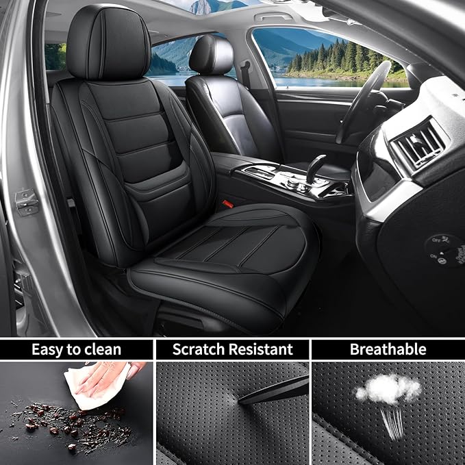 Car Seat Covers Full Set Custom Fit for Ford Focus 2000-2018 - Premium Faux Leather with Lumbar Support, Breathable, Anti-Slip & Full Wrapping Edge (Black,Full Set)