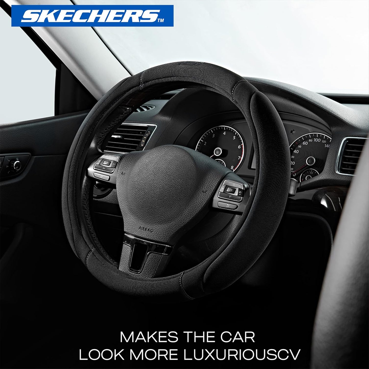 Skechers Steering Wheel Cover, Memory Foam Car Steering Wheel Cover,14.5-15inch Anti-Slip Safety Comfortable Desgin, Universal Accessory for Diverse Cars, Truck,SUV (Black & Black)
