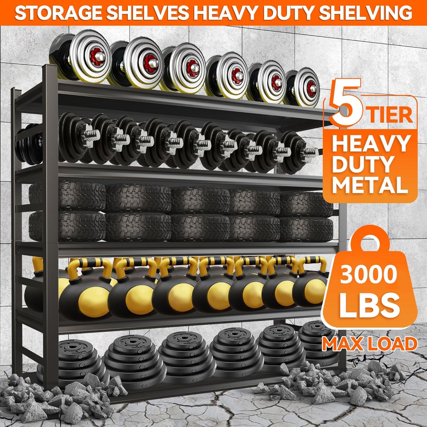Metal Shelving, Garage Shelves Series, Heavy Duty Storage Shelf, Large Industrial Steel Racks for Garage, Basement and Factories, Multifunctional Utility Shelving Unit