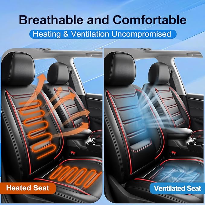 Fit Malibu Car Seat Covers (Front Pair) for Select Chevrolet/Chevy Malibu 2009-2025 - Full Coverage Leather, Airbag Compatible, Waterproof & All Weather Seat Cushion Protector, Red Trim