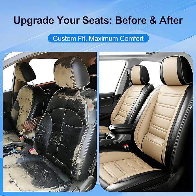 Fit CX-5 Car Seat Covers for Select Mazda CX5 2013-2024 2025 2026 - Premium Full Coverage Leather, Airbag Compatible, Waterproof & All Weather Seat Protector, Full Set, Black+Beige