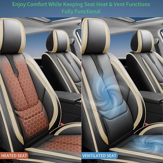 Fit Honda Fit Car Seat Covers for Honda Fit 2007-2019 2020-Upgraded Premium Waterproof & Breathable Leather,Airbag Compatible,All-Weather Seat Cushion Protector,Full Set,Black-Beige