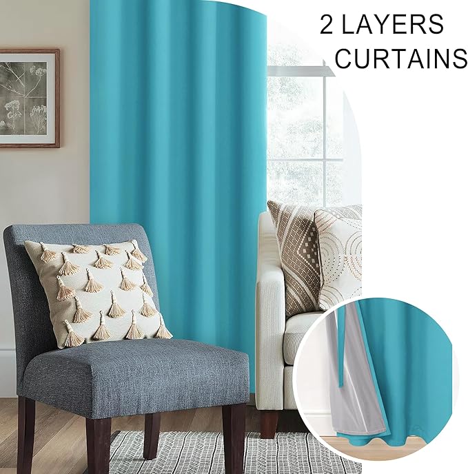 XWZO 100% Blackout Curtains 84 Inches Long with Tiebacks- Narrow Wide Heat Blocking and Soundproof Curtain Panels with Grommets for Basement/Bedroom, Turquoise, W38 x L84, Set of 2