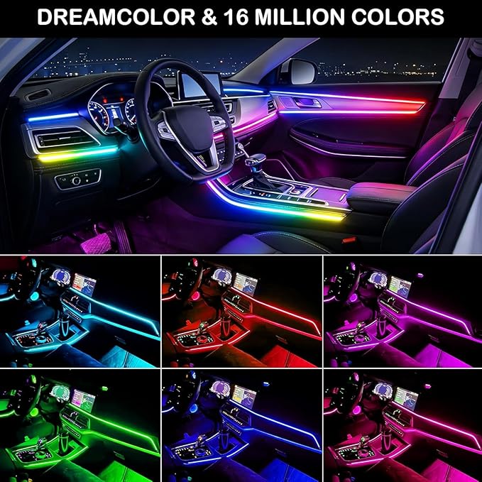 Acrylic Interior Car LED Strip Light with APP Remote Control,235 inches 8 in 1 RGB Dreamcolor Neon Flexible Strip Fiber Optic LED Ambient Lighting Kits,RGB Music Lights Sync for Inside car Decorations