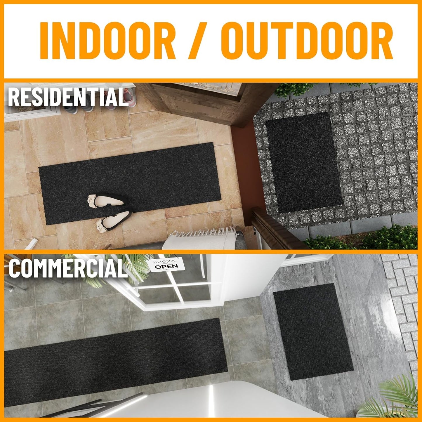 Ottomanson 2' x 49' Hallway Runner with Scraper Pile Extra Durable Non-Slip Rug Mat for Indoor & Outdoor Use - Ideal for Kitchen, Entryway, Patio & Garage - High-Traffic Carpet, Black