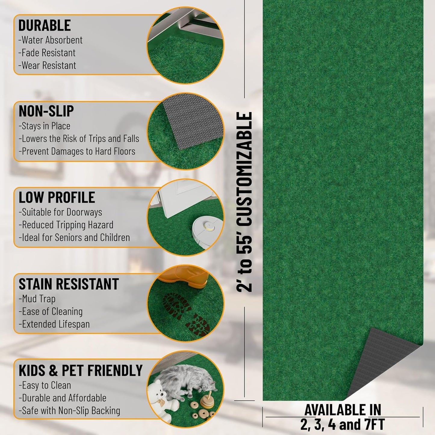 Ottomanson 2' x 54' Hallway Runner with Scraper Pile Extra Durable Non-Slip Rug Mat for Indoor & Outdoor Use - Ideal for Kitchen, Entryway, Patio & Garage - High-Traffic Carpet, Green