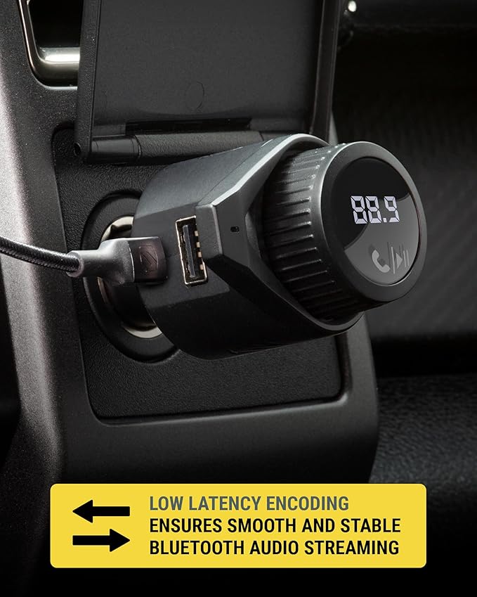 Scosche BTFM9 FM Bluetooth Transmitter Car, Dual 12W USB-C and USB-A Charging Ports, Fast Type C Car Charger, Wireless Radio Bluetooth Adapter, Hands-Free Kit for Calls, Siri and Google Assistant