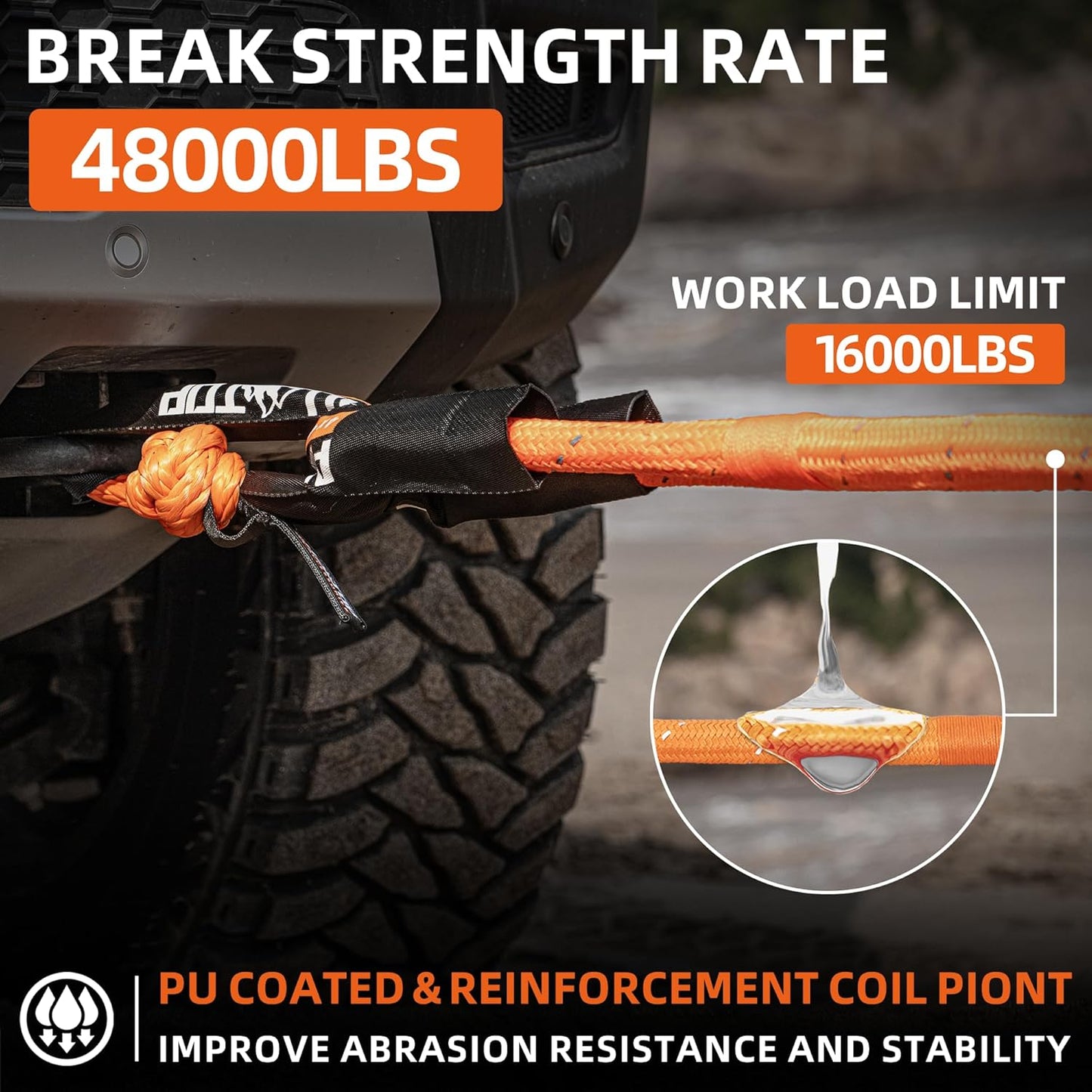ALL-TOP Kinetic Rope Kit (Reflective) w/ 2 Soft Shackles, 48000Lbs, 1in x 30ft, Heavy Duty 30+% Elasticity, 16000Lbs Work Load Limit