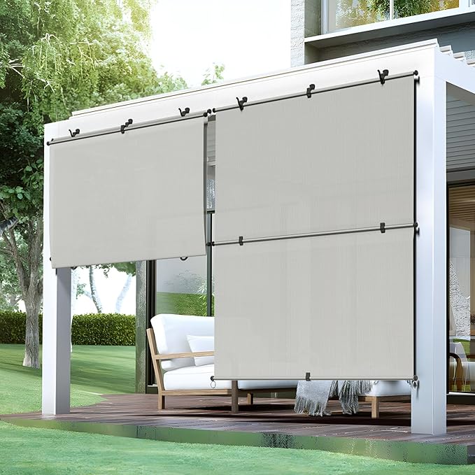 Bynbbur 6'W x 14'H Outdoor Patio Shades Foldable Roller Blinds, 220 GSM Sun Shade Roll Up Porch Screens Exterior Shade Cloth for Deck Pergola Backyard, Light Gray