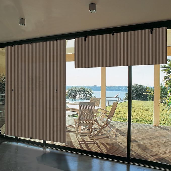 Bynbbur 8'W x 14.5'H Outdoor Patio Shades Foldable Roller Blinds, 220 GSM Sun Shade Roll Up Porch Screens Exterior Shade Cloth for Deck Pergola Backyard, Brown