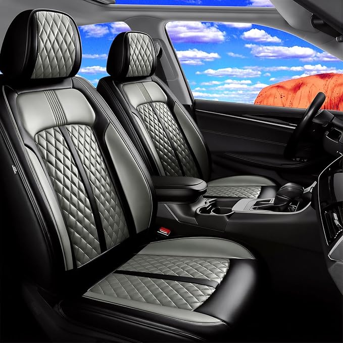 Fit Bolt Car Seat Covers for Select Chevrolet Bolt/Bolt EUV 2017-2025, Premium Full Coverage Leather, Airbag Compatible, Waterproof All Weather Seat Cushion Protector, Front Pair Black+Gray