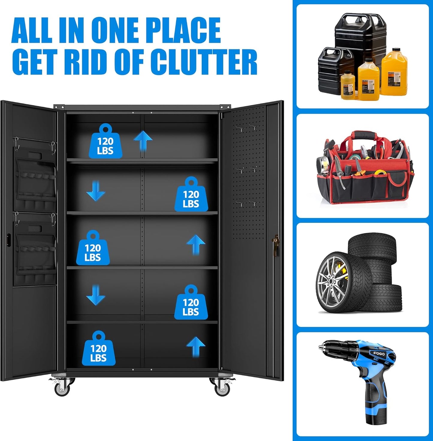 2025 Upgraded Wide & Deep Garage Storage Cabinet with Wheels, Lockable Metal Storage Cabinet with Pegboards and 9 Hooks, 2 Tool Pouches for Garage,4 Adjustable Shelves (Black,43''W x 22''D x 72''H)