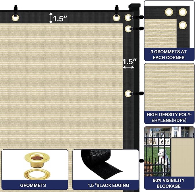 Windscreen4less Privacy Fence Screen Heavy Duty Windscreen Fencing Mesh Fabric Shade Net Cover with Brass Grommtes for Outdoor Wall Garden Yard Pool Deck, 8'x54' Beige