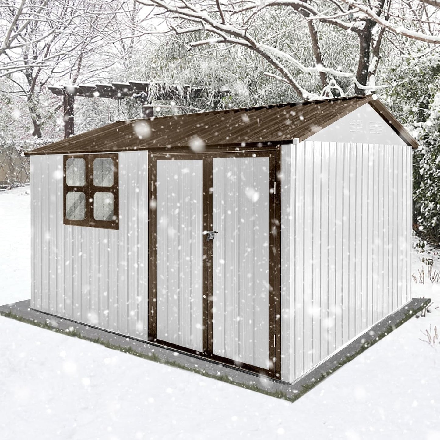 8x10 FT Outdoor Storage Shed, Metal Garden Shed with 4-pane Window, Outside Tool Shed with Lockable Hinged Doors & 4 Air Vents, Waterproof Storage Building for Backyard, Patio, Lawn, White+Coffee