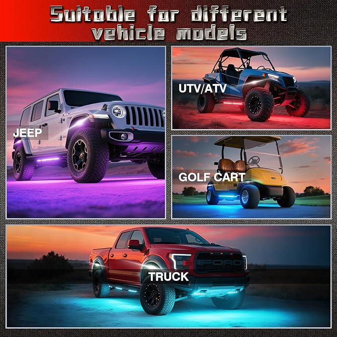 4 Pods Alloy RGBW Rock Lights，LED Upgraded RGB Underglow Lights for ATV UTV Golf Cart Truck RZR SXS Offroad Jeeps, IP68 Waterproof Metal Multicolor Underglow Kit with APP/RF Remote Music Mode,12V