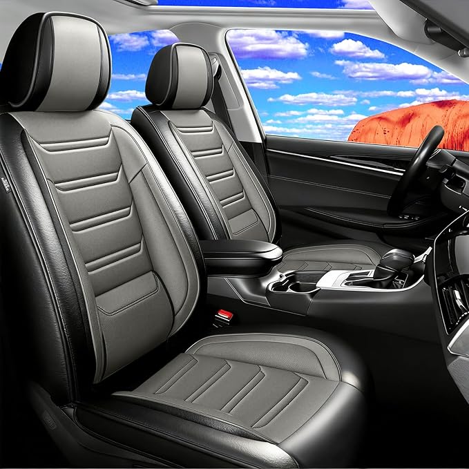 Fit Bolt Car Seat Covers for Select Chevrolet Bolt/Bolt EUV 2017-2025, Premium Full Coverage Leather, Airbag Compatible, Waterproof All Weather Seat Cushion Protector, Full Set, Black+Gray