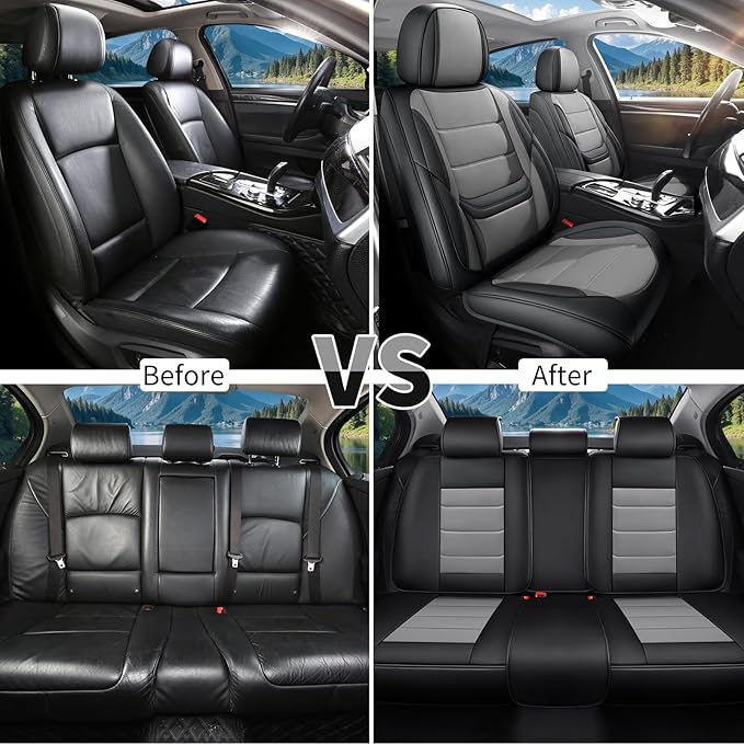 Car Seat Covers Full Set Custom Fit for Chevrolet/Chevy Malibu 2000-2025 2026 - Premium Faux Leather with Lumbar Support, Breathable, Waterproof, Anti-Slip, Easy to Install (Black&Gray, Full Set)