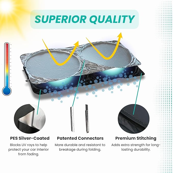 Windshield Sun Shade -Certified 99.87% UVB & 99.02% UVA Car Sun Shade. Award Winning Sunshade - Patented Technology | Compatible for Volkswagen Jetta (2011-2018) | Car Shades by Kinder Fluff