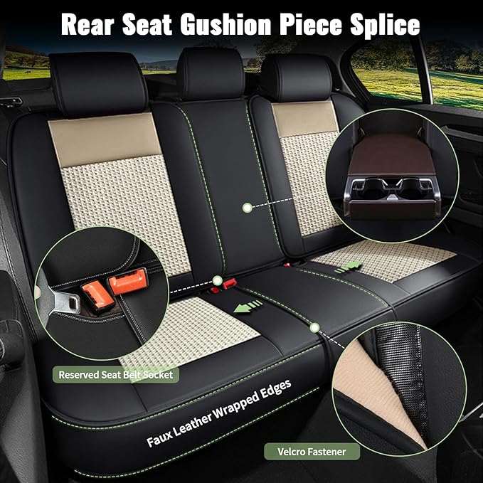 Full Set Seat Covers for Nissan Rogue SUV 2014-2023 2024 - Breathable Cool Ice Silk Leather - 5 Seats Vehicle Seat Cushion for Nissan Rogue Accessories - Black&Beige