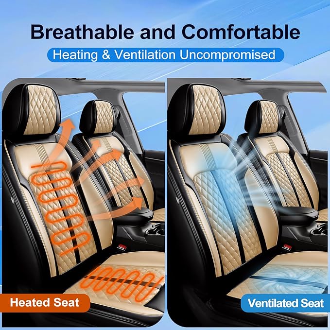 Car Seat Covers for Select Honda Fit 2007-2020, Premium Full Coverage Leather, Airbag Compatible& Scratch-Resistant, Waterproof & All Weather Breathable Seat Protector, Front Pair Black+Beige
