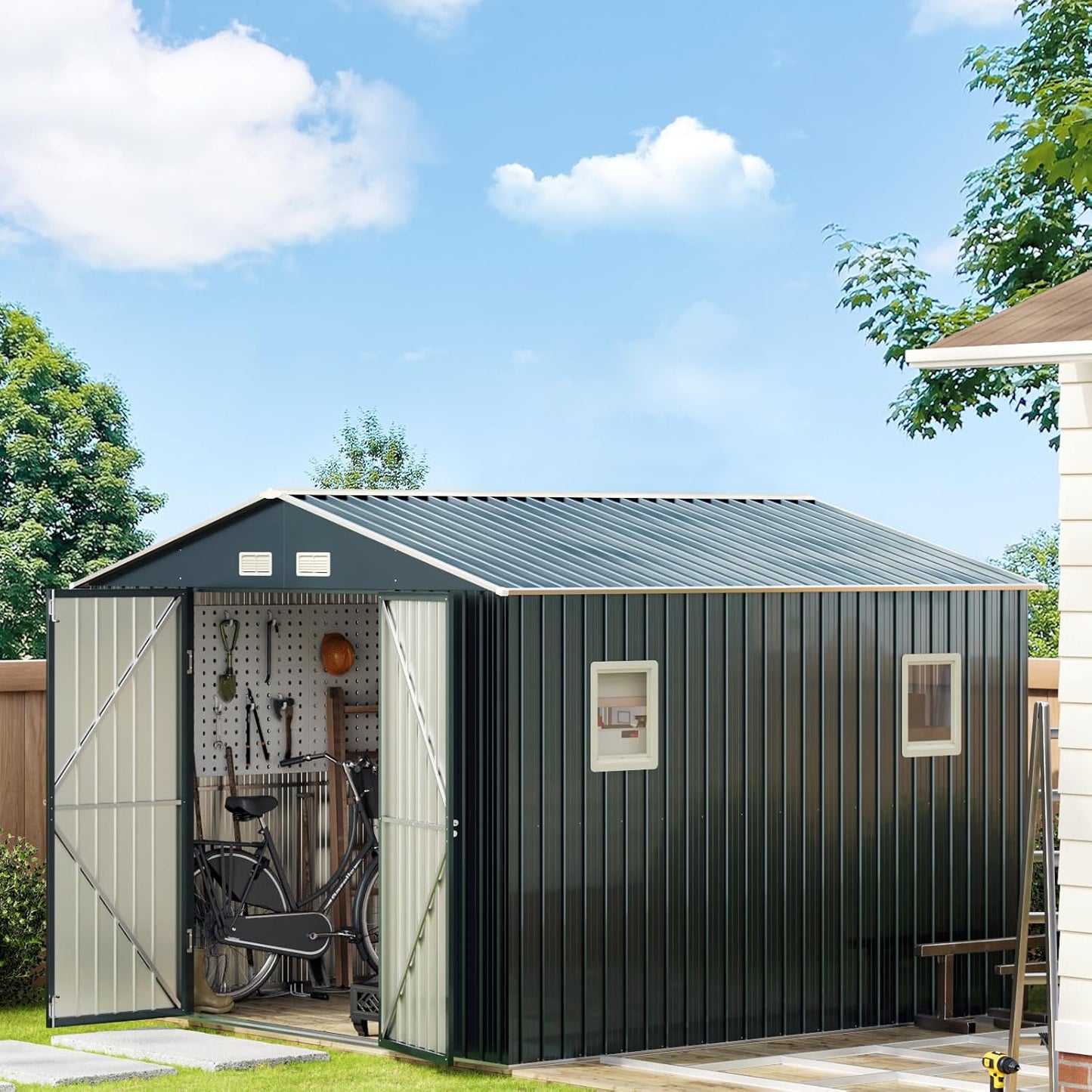 10X10FT Outdoor Steel Storage Shed with Lockable Doors, Ideal for Garden, Backyard, and Patio Utility and Tool Storage