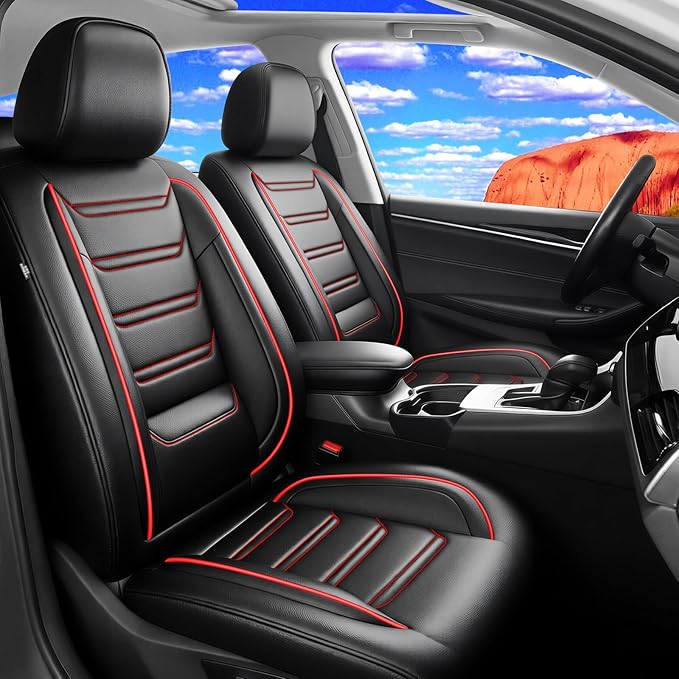 Fit Bolt Car Seat Covers for Select Chevrolet Bolt/Bolt EUV 2017-2025 - Premium Full Coverage Leather, Airbag Compatible, Waterproof & All Weather Seat Cushion Protector, Full Set, Red Trim