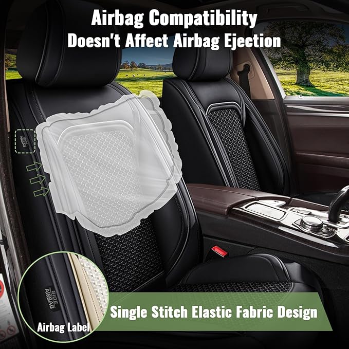 Car Seat Covers Full Set for Honda Pilot 2005-2016: Breathable Cool Ice Silk Leather Seat Covers (Black)