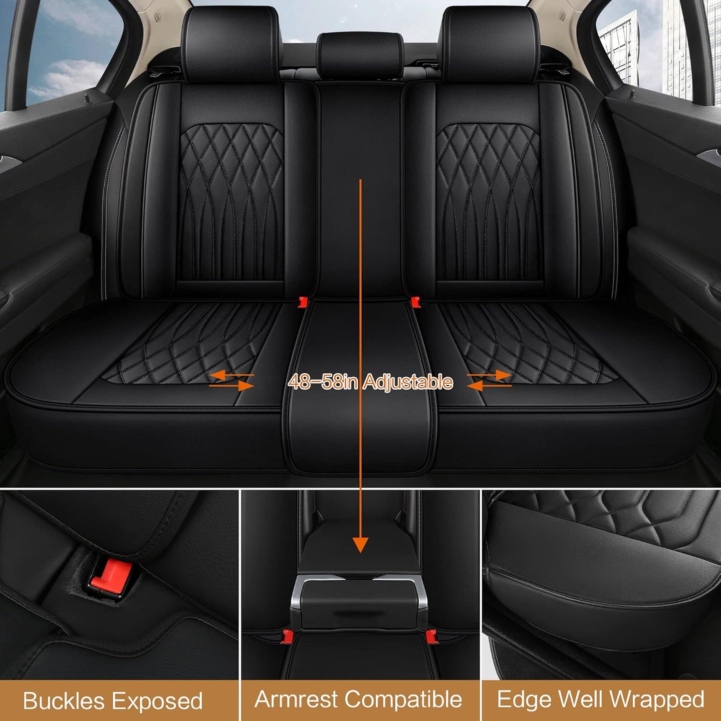 Pariitadin Leather Car Seat Covers Full Set, Waterproof Faux Leather Seat Covers for Cars, Non-Slip Car Interior Covers Universal Fit for Most Cars Sedans Trucks SUVs, Black Line