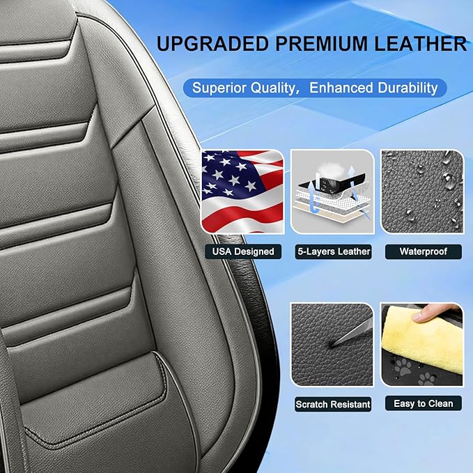 Fit Civic Car Seat Covers for Honda Civic 2020-2026 Sedan(Not for Coupe) - Premium Full Coverage Leather, Waterproof All Weather Breathable Seat Cushion Protector, Front Pair Black+Gray